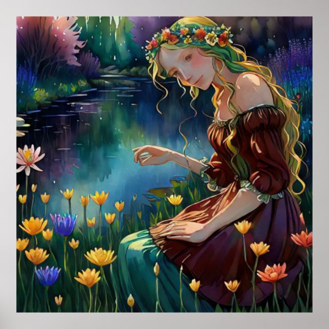 Poster *~ Mulher de Arte Sentando Pick Flower Pond AP56 (Frente)
