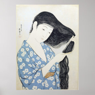 Poster Mulher de azul comendo seu cabelo, arte japonesa