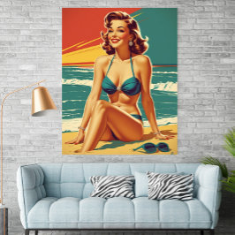 Poster Mulher de Biquíni na Praia Pin Up Vintage