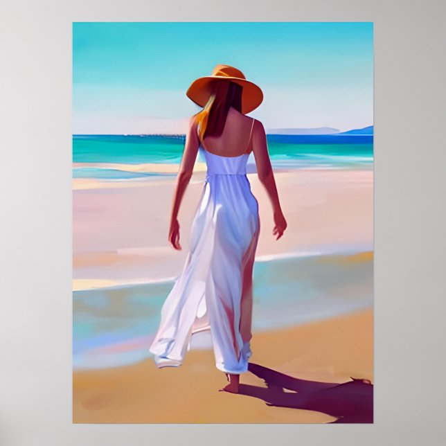 Poster Mulher de branco na praia (Frente)