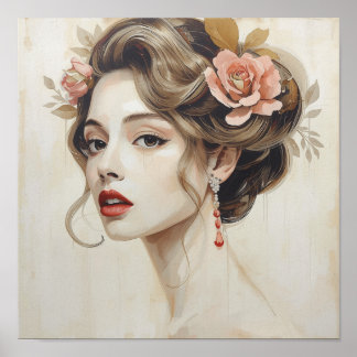 Poster Mulher de Cabelo Rosa Vintage Art Nouveau