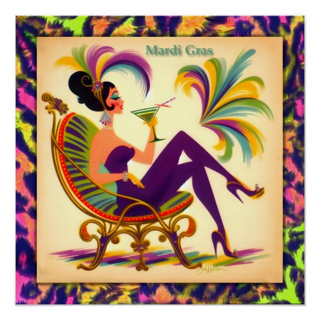 Pôster Mulher de Martini Retro Meados do Século Mardi Gra (Frente)