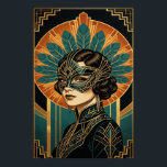 Poster Mulher de Máscara Art Déco Elegante Cartaz Dourado<br><div class="desc">Entre no mistério e no glamour de um baile da década de 1920 com este exquisito retrato Art Déco. Apresentando uma mulher sofisticada em uma deslumbrante máscara de filigrana teal e dourada, adornada com um dramático acessório de cabeça com penas em estilo de pavão. Situado contra um radiante sol nascente...</div>