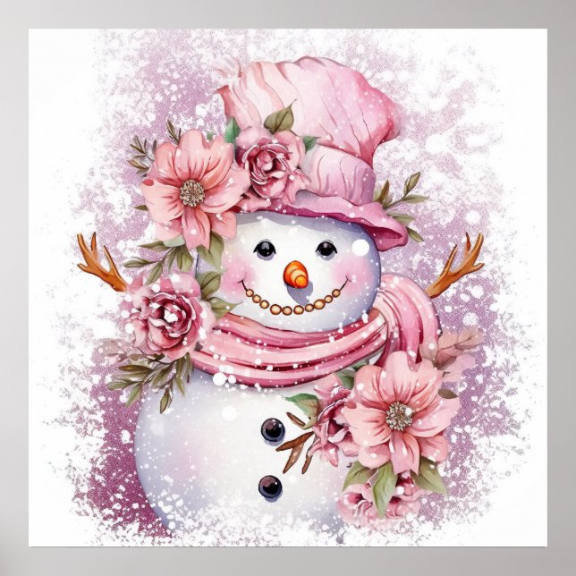 Poster Mulher de neve festiva rosa de Natal (Frente)