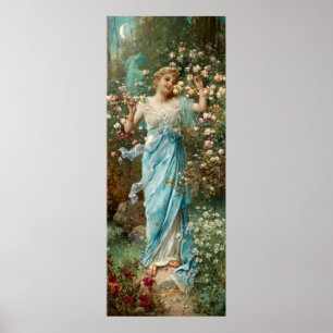 Poster Mulher de Nouveau da arte nas flores sob uma lua