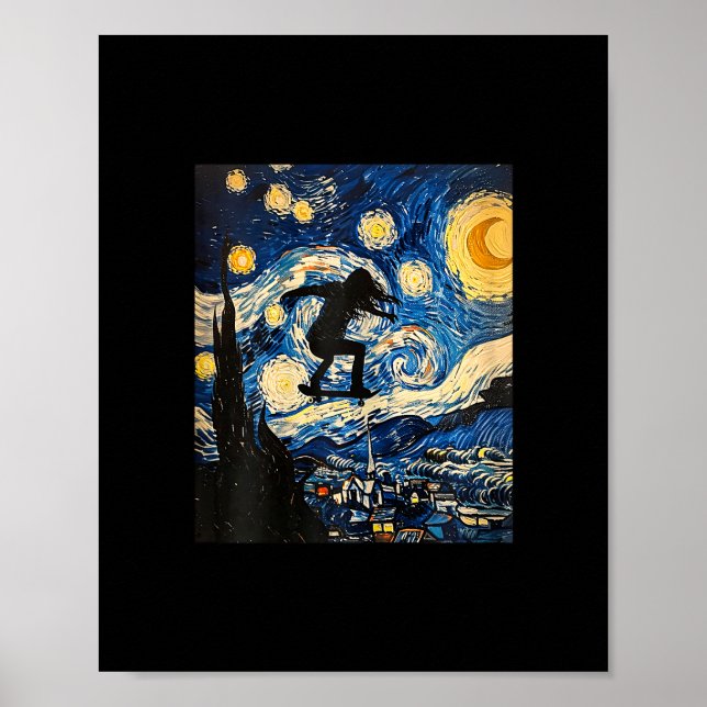 Poster Mulher de Skate Estilo Van Gogh Noite Estrelada  (Frente)
