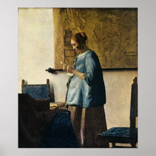 Pôster Mulher de Vermeer a azul lendo uma letra ca.1665