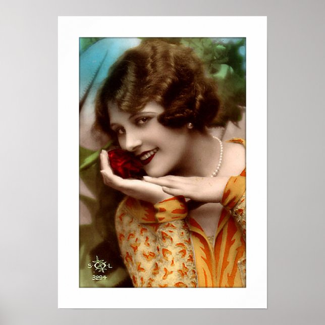 Poster mulher deco com rosa adorável, pérolas, flerta (Frente)