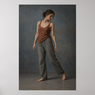 Poster Mulher Descalça em Blusa Ferrugem e Calças Cinzas