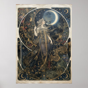 Poster Mulher Deusa da Lua Art Nouveau Celestial Floral P