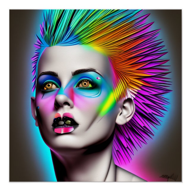 Pôster Mulher distópica com Arte Rainbow Mohawk Ai (Frente)