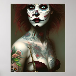 Poster Mulher do Dia dos Mortos Com Tatuagens