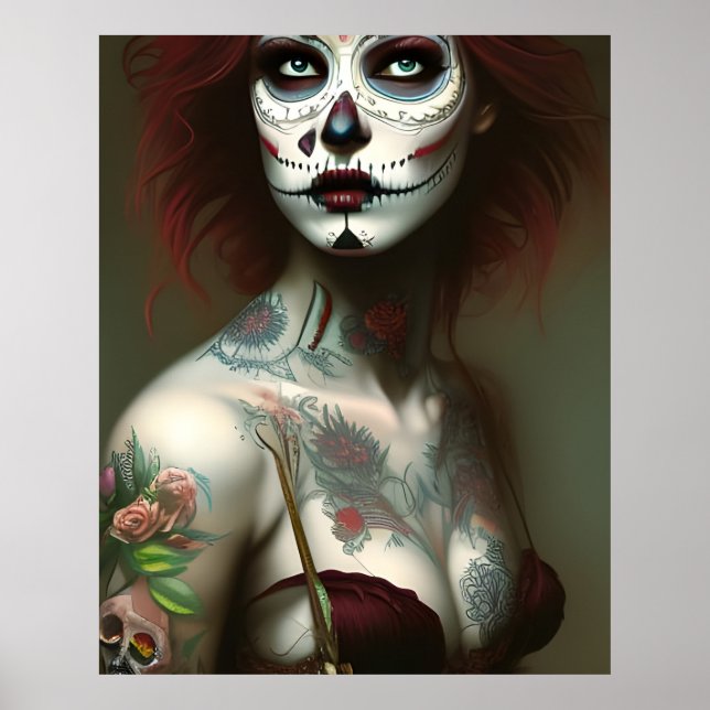Poster Mulher do Dia dos Mortos Com Tatuagens (Frente)