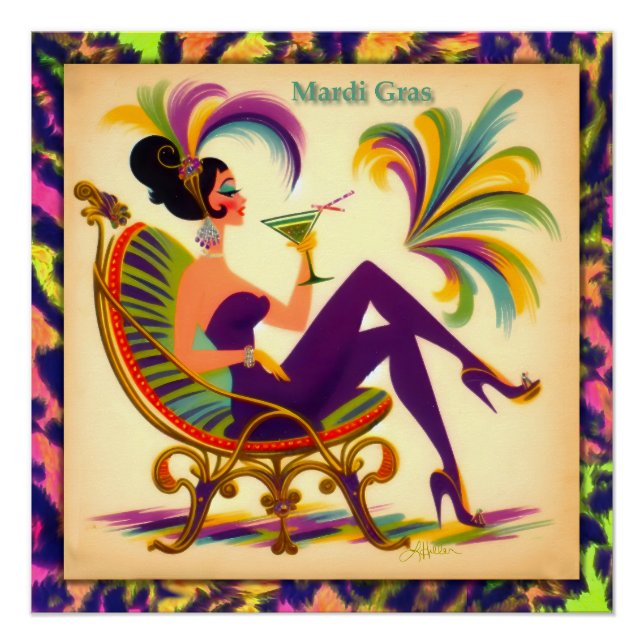 Pôster Mulher do Mardi Gras de Meados do Século com um Ma (Frente)