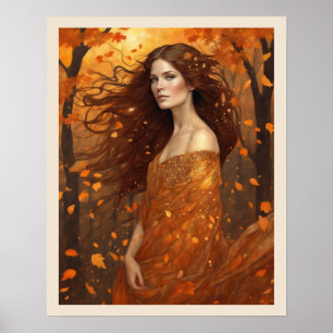 Poster Mulher do Vento do outono em Woods Art Nuevo Impre