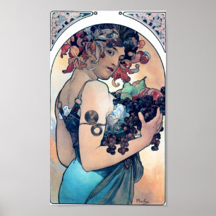 Poster Mulher do vintage do art deco das uvas de Mucha