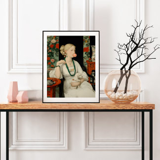 Poster Mulher e Cachorro Bolha de Chiclete Rosa Colorido