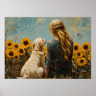 Poster Mulher e Cachorro com Girassóis - Pintura em Estil