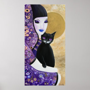 Poster Mulher e Gato Arte Whimsic Roxo