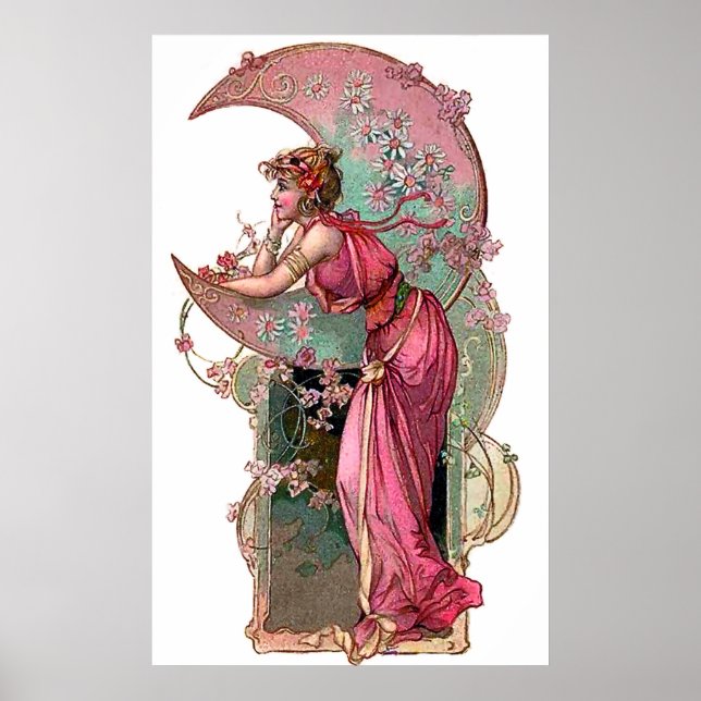 Poster Mulher e lua, art nouveau, vintagem romântica (Frente)