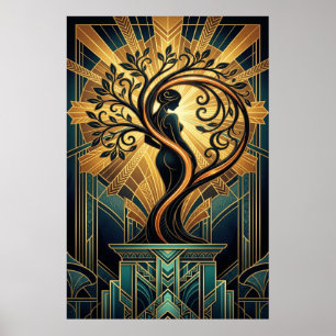 Poster Mulher Elegante Art Déco Silhueta de Árvore Preto 