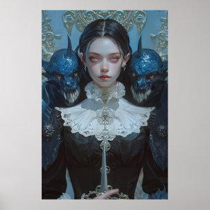 Poster Mulher Elegante de Cabelo Escuro em Ornamentado Pó