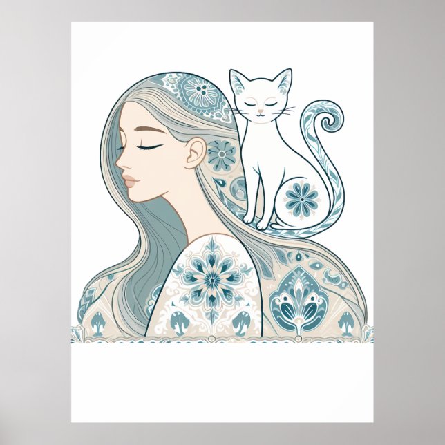 Poster Mulher Elegante e Cat Floral Art Nouveau Design (Frente)