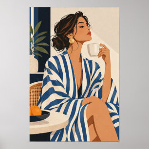 Poster Mulher Elegante em Listras Azuis Segurando Parede 