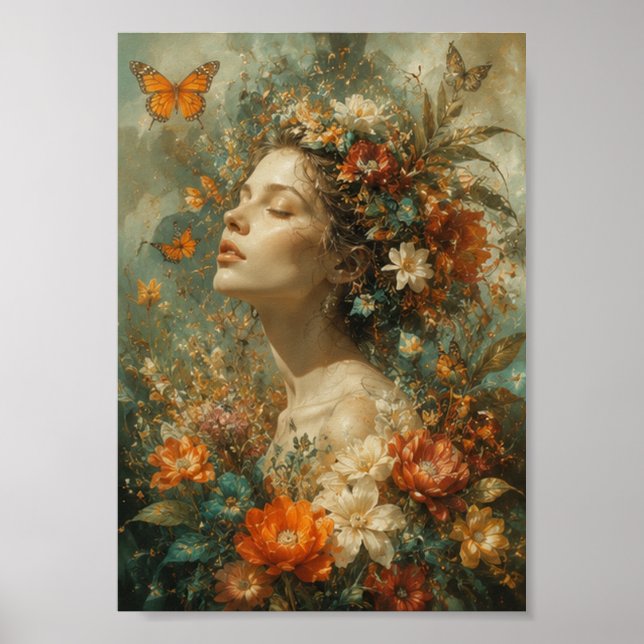 Poster Mulher Elegante em Retrato de Moda Botânica (Frente)