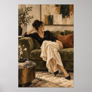 Poster Mulher Elegante em Sofá de Veludo Figurativo Conte
