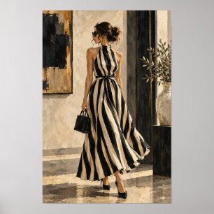 Poster Mulher Elegante em Vestido Listrado Preto e Creme 