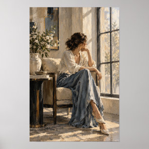 Poster Mulher Elegante junto à Janela Iluminada Arte Româ