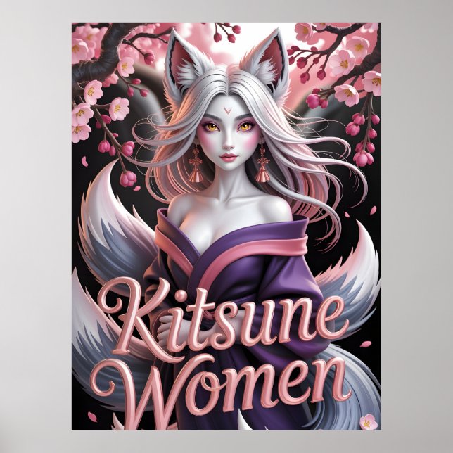 Poster Mulher Elegante Kitsune Branca com Flores de Sakur (Frente)