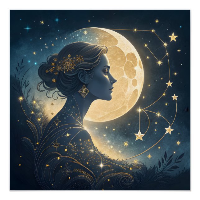 Pôster Mulher Elegante sob a Lua e as Estrelas Douradas (Frente)