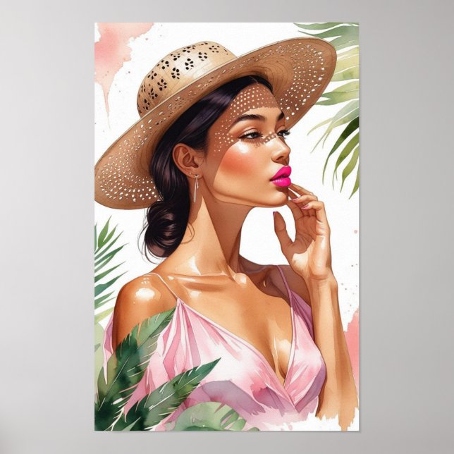 Poster Mulher em Aquarela Rosa Bonito (Frente)