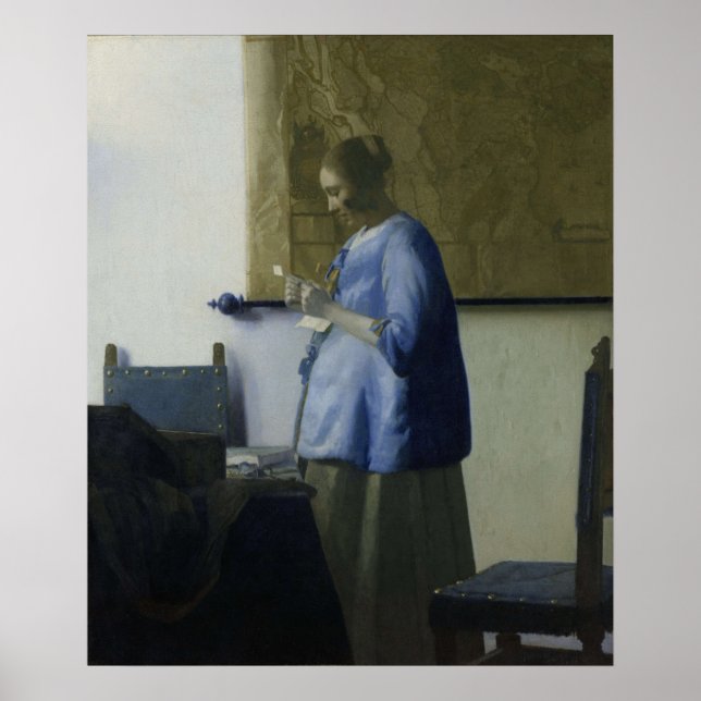Poster Mulher em azul lendo uma carta por Vermeer - Poste (Frente)