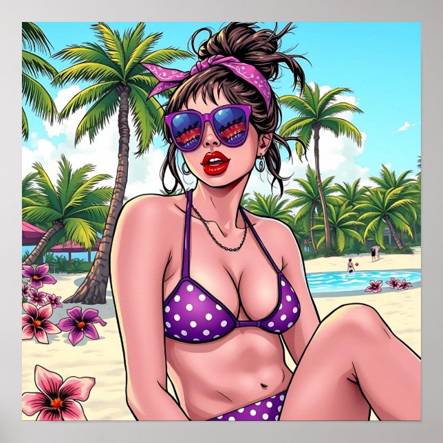 Poster Mulher em Bikini e Bandanna na praia (Frente)