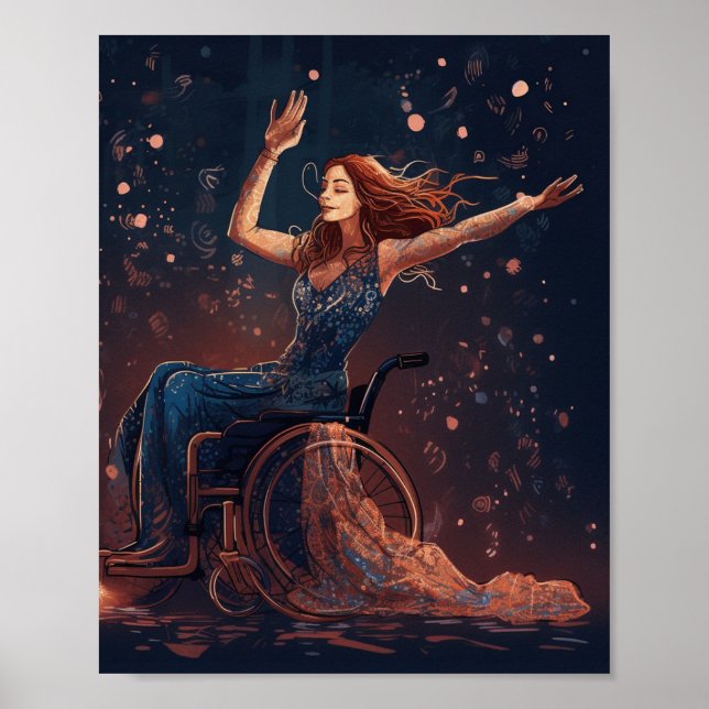 Poster Mulher em cadeira de rodas dança alegremente (Frente)