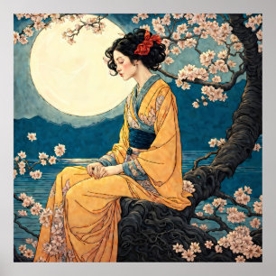 Poster Mulher em Kimono Cherry Blossom na Noite da Lua