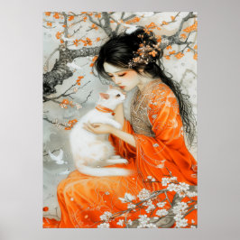 Poster Mulher em Laranja com Gato Branco