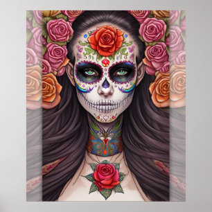 Poster Mulher em Maquiagem do Crânio do Açúcar - Arte do