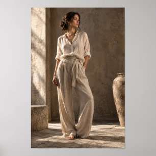 Poster Mulher em Roupas de Linho Neutro Interior Ensolara