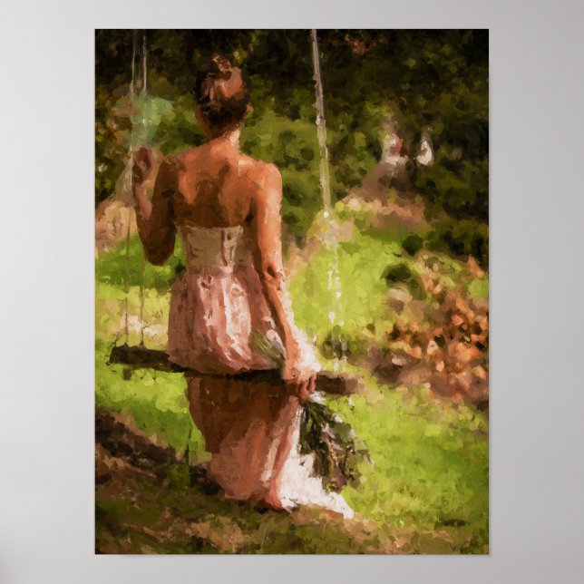 Poster Mulher em um balanço com flores (Frente)