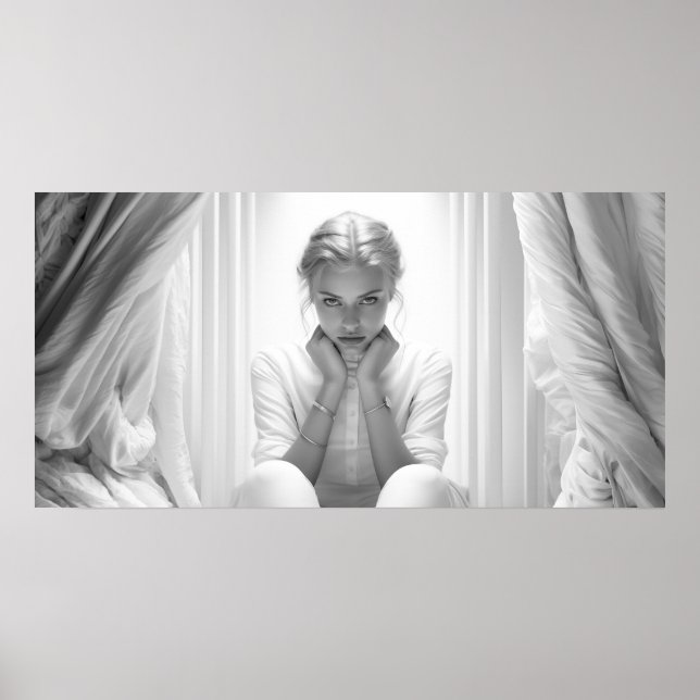 Poster Mulher em um estúdio com rosto em suas mãos Foto B (Frente)