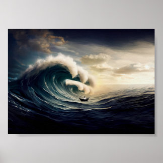 Poster Mulher em um pequeno barco velejando o oceano