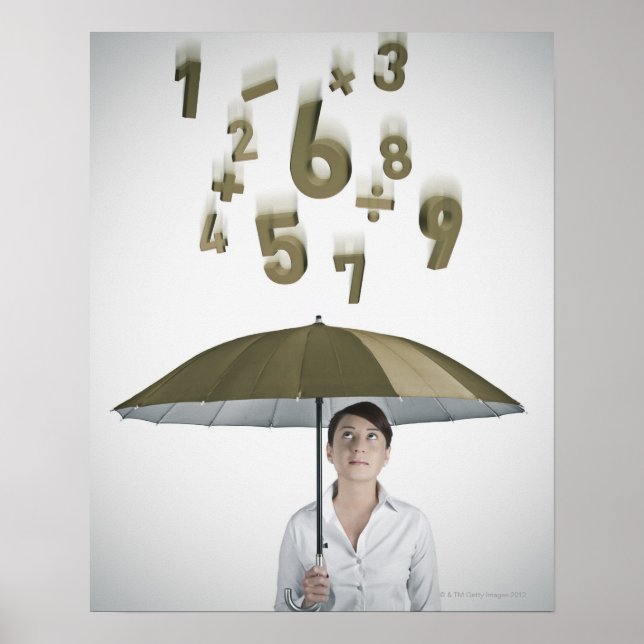 Pôster Mulher empresária sob guarda-chuva com números e (Frente)