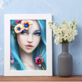 Poster Mulher etérea com flores em seu cabelo azul