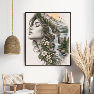 Poster Mulher Etérea Montanha Floresta