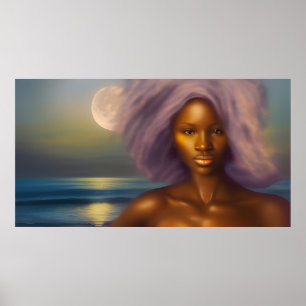 Poster Mulher Étnica Bonita Praia luar oceano