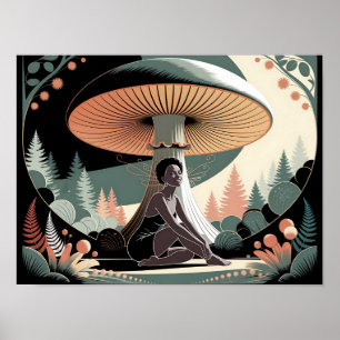 Poster Mulher Fada Negra Sob Cogumelo Gigante Cottagecore
